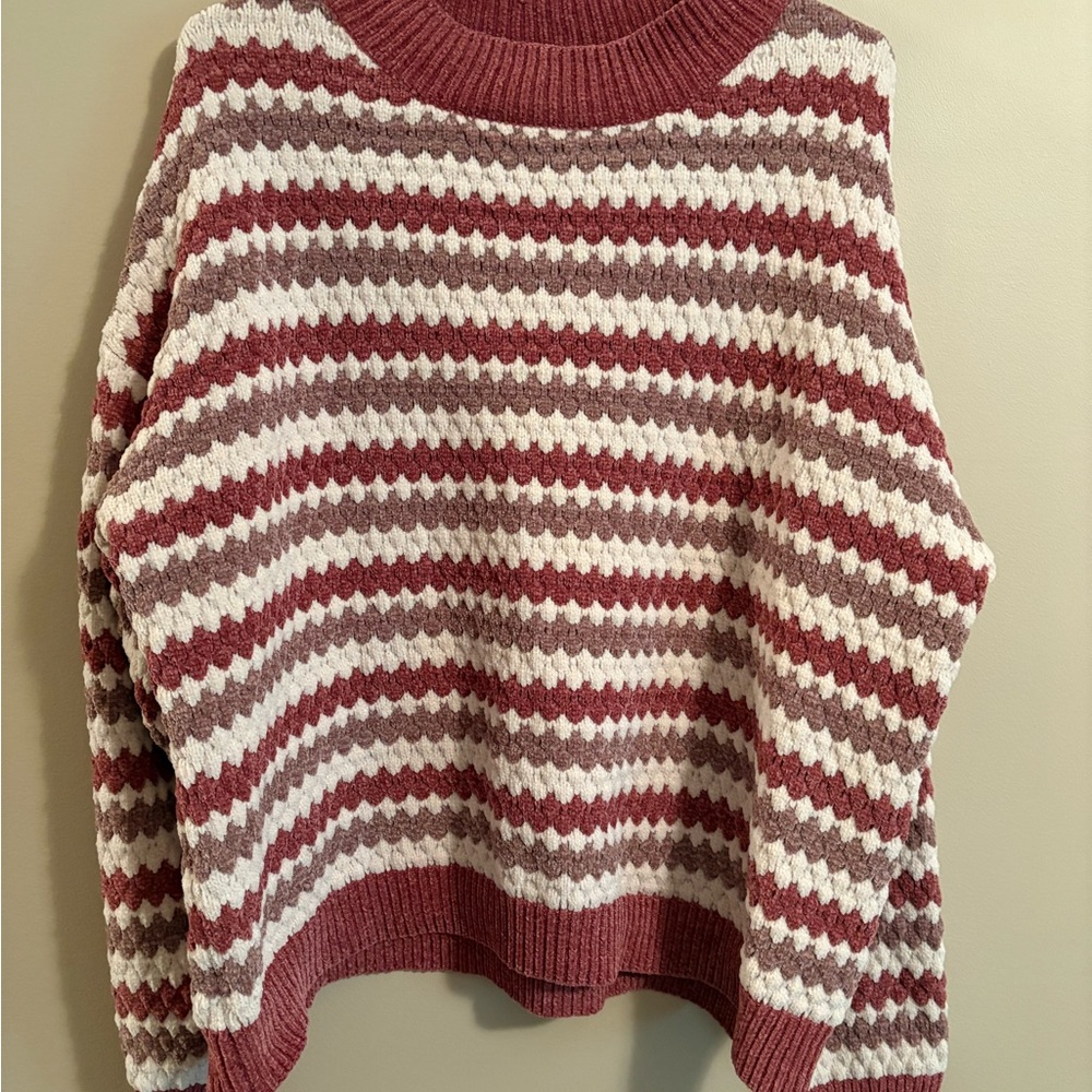 Cozy Mauve, Taupe and White Striped Crew Neck Sweater